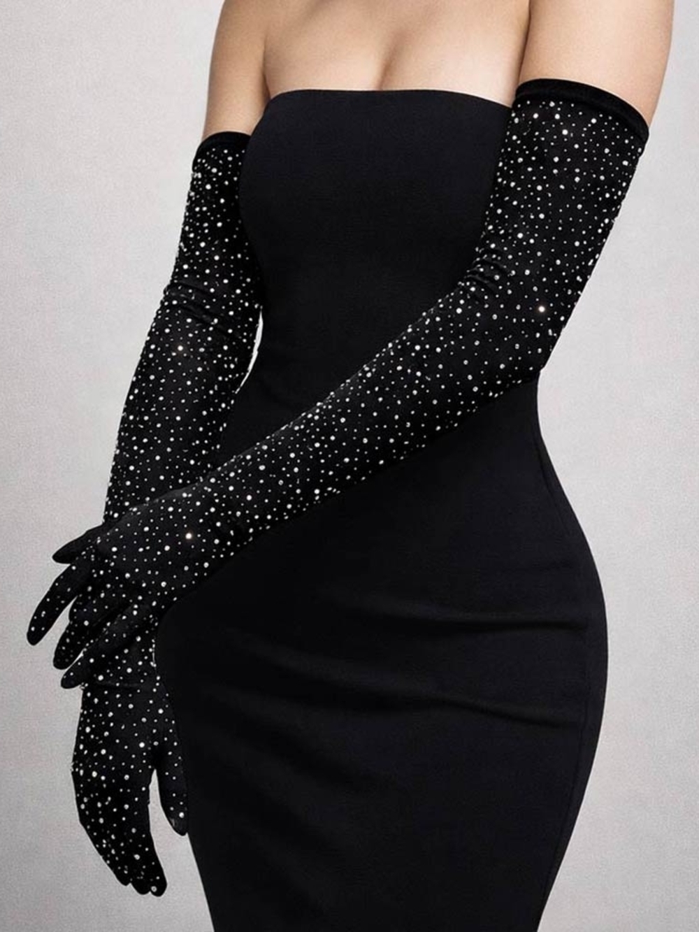 Black Crystal 22" Long Satin Opera Gloves Formal Evening Wear Fashion Accessory